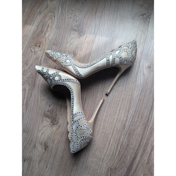 Badgley Mischka Rouge Crystal Embellished Heels Ivory Satin Wedding - Picture 3 of 14